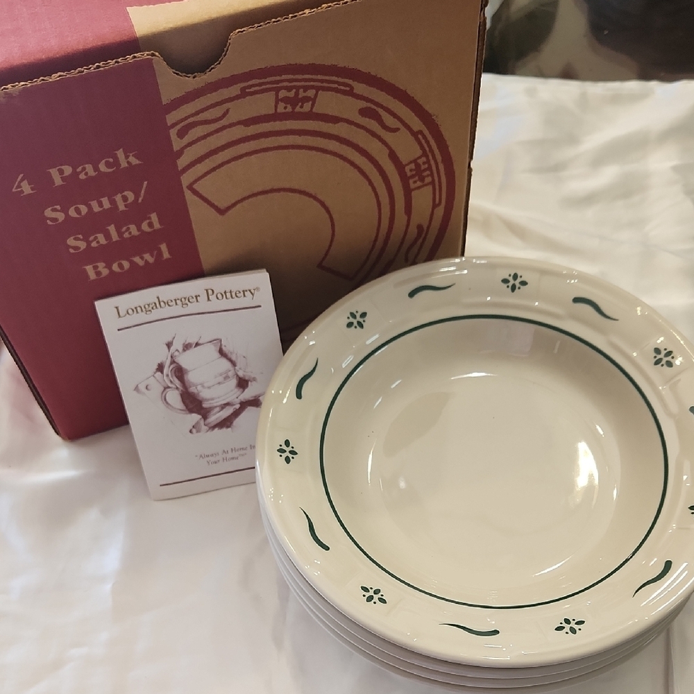 Longaberger Cream and Green Soup/Salad Bowls Set Of 4